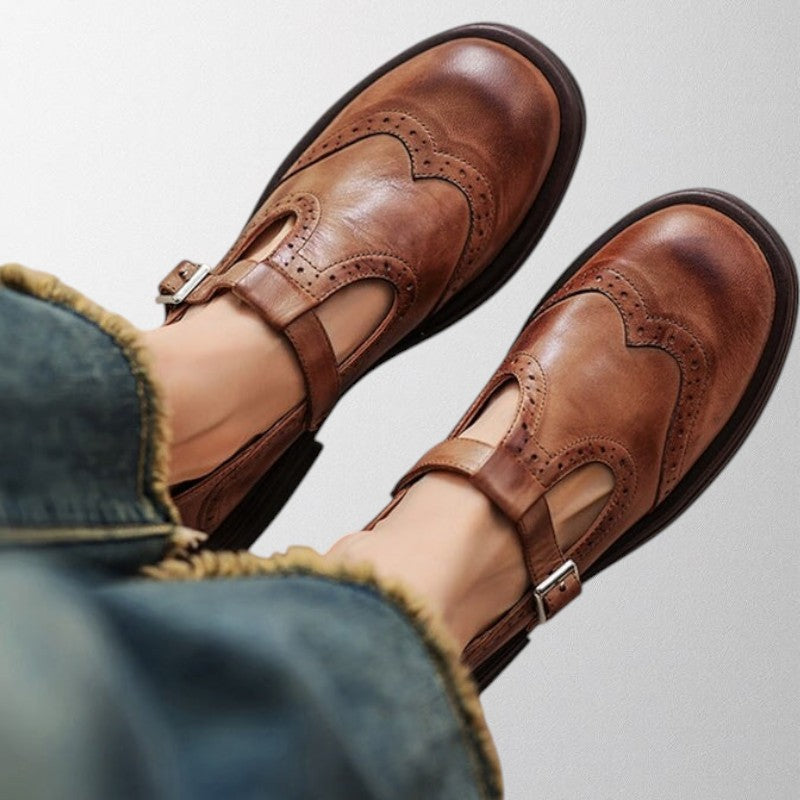 brown leather shoe with clasp women front view