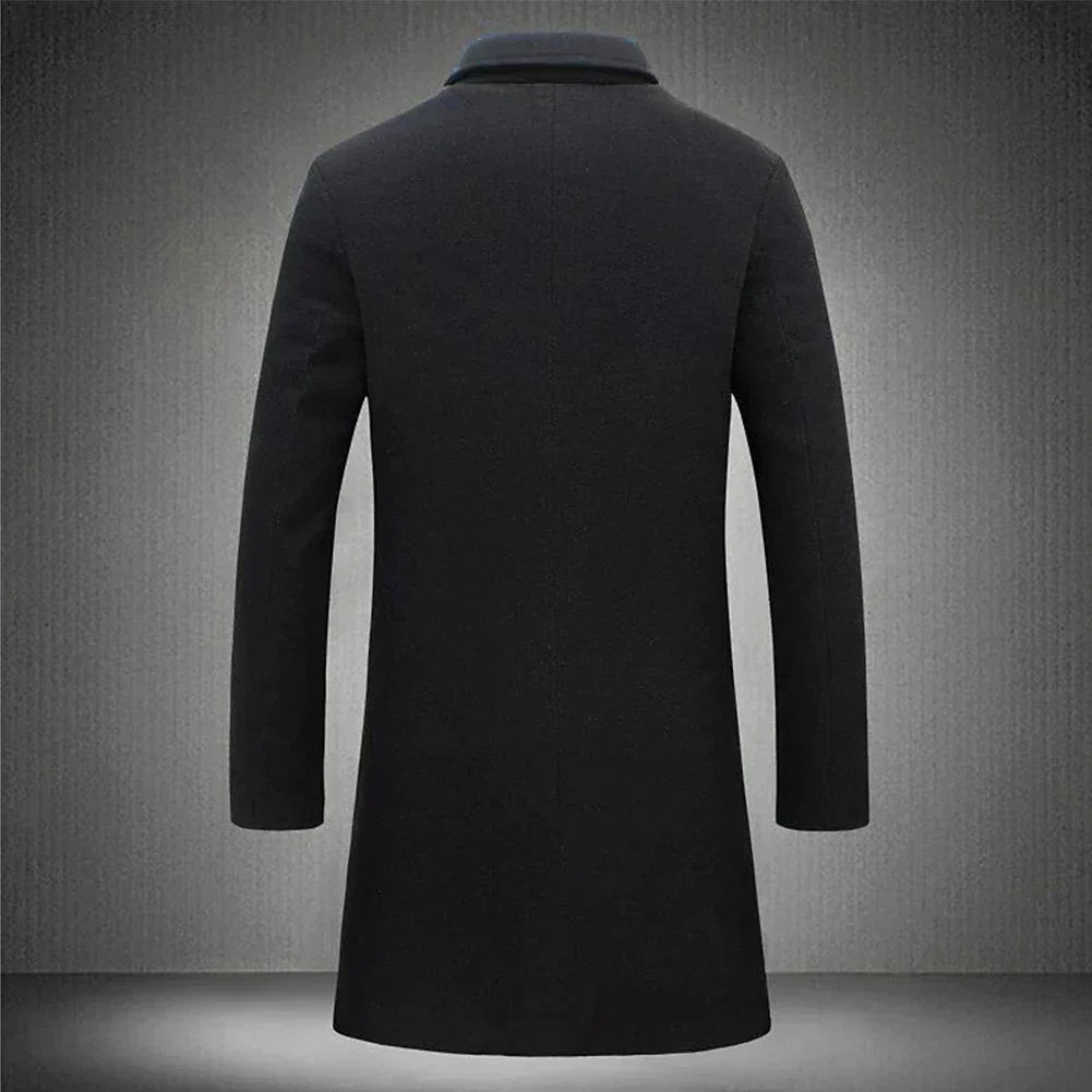 back view of black men’s wool blend overcoat