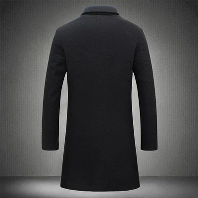 back view of black men’s wool blend overcoat
