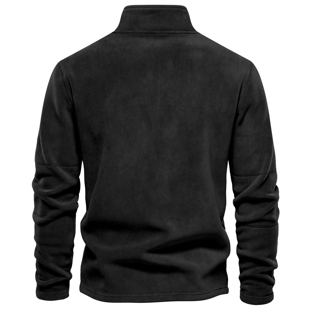 back view of black men’s soft fleece sweater with half-zip