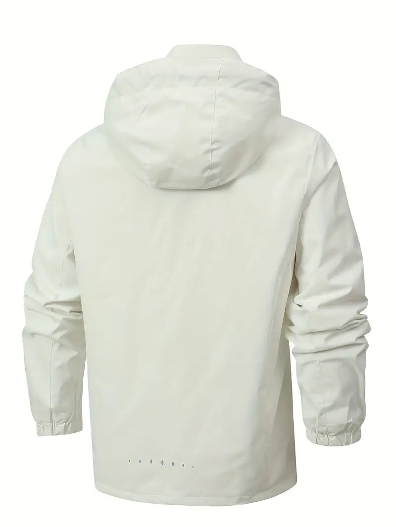 back view of white men’s waterproof long-sleeve jacket