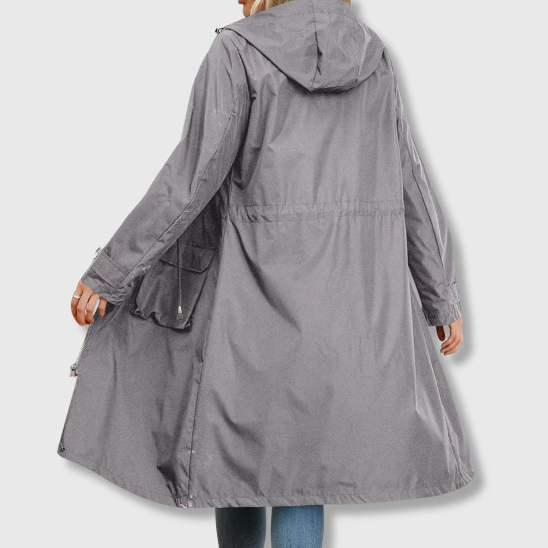 back view of grey women’s hooded trench coat