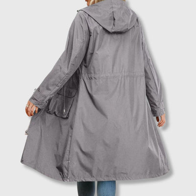 back view of grey women’s hooded trench coat
