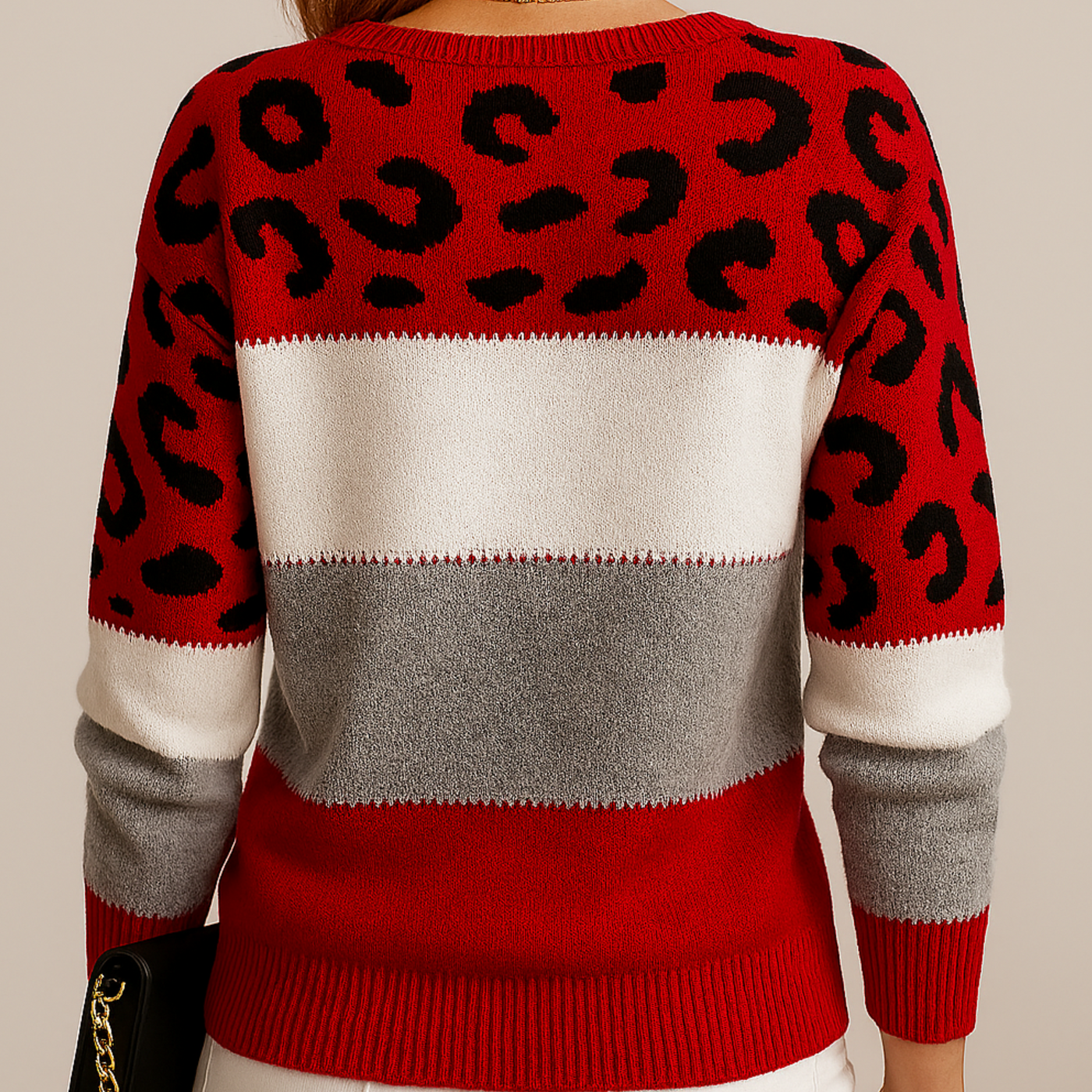 back view of red womens leopard print knit sweater