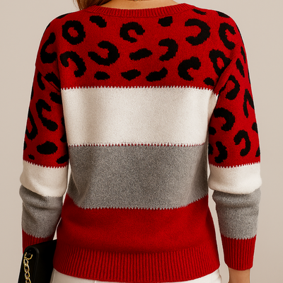 back view of red womens leopard print knit sweater