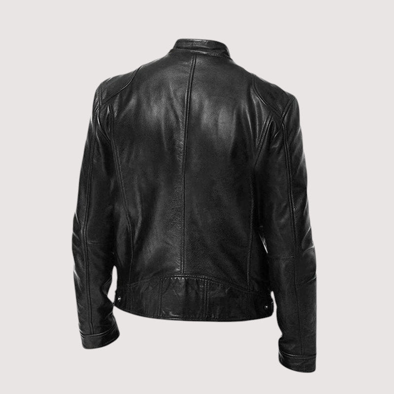back view of black classic leather jacket men