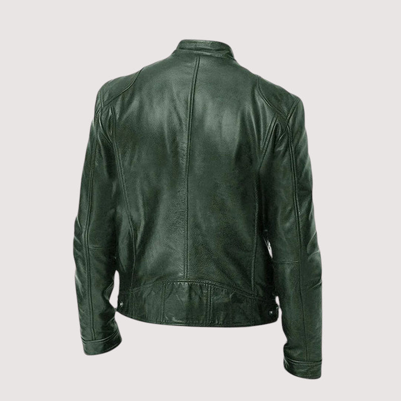 back view of dark green classic leather jacket men
