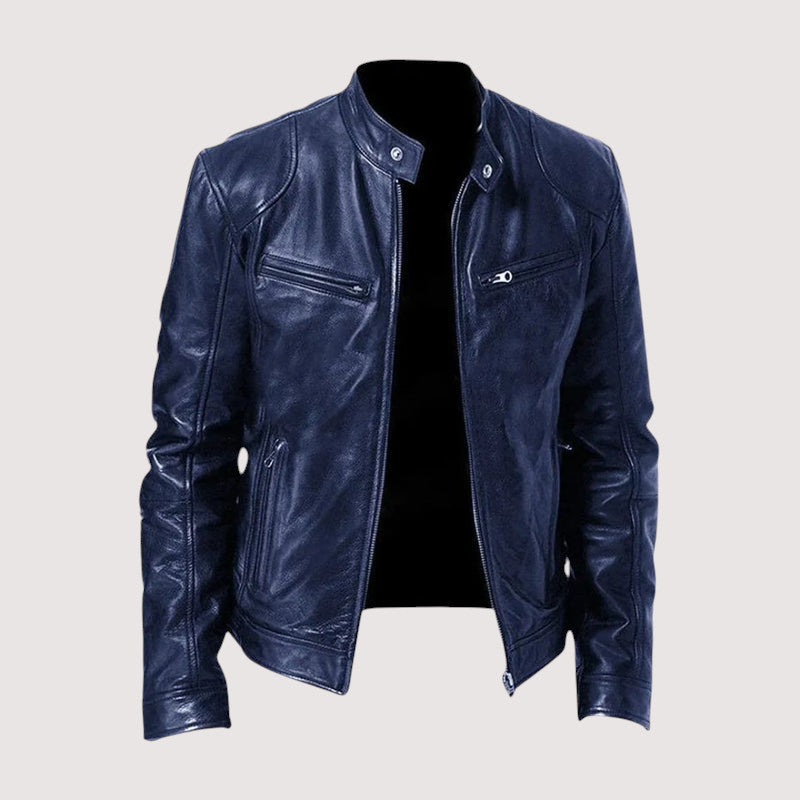 navy classic leather jacket men