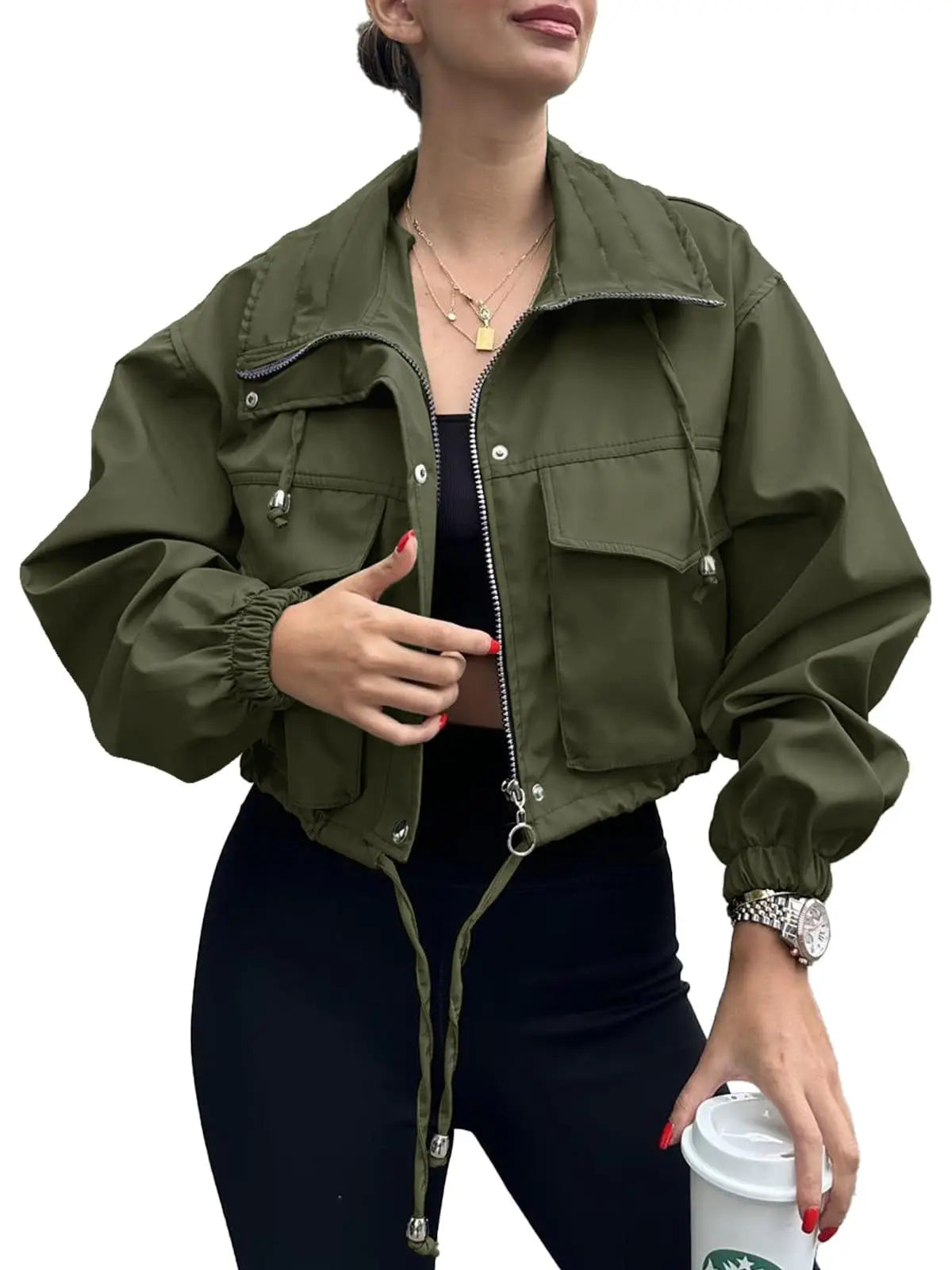 army green crop zip up jacket women