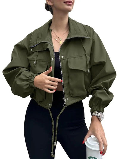 army green crop zip up jacket women