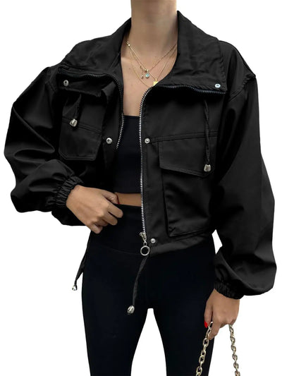 black crop zip up jacket women