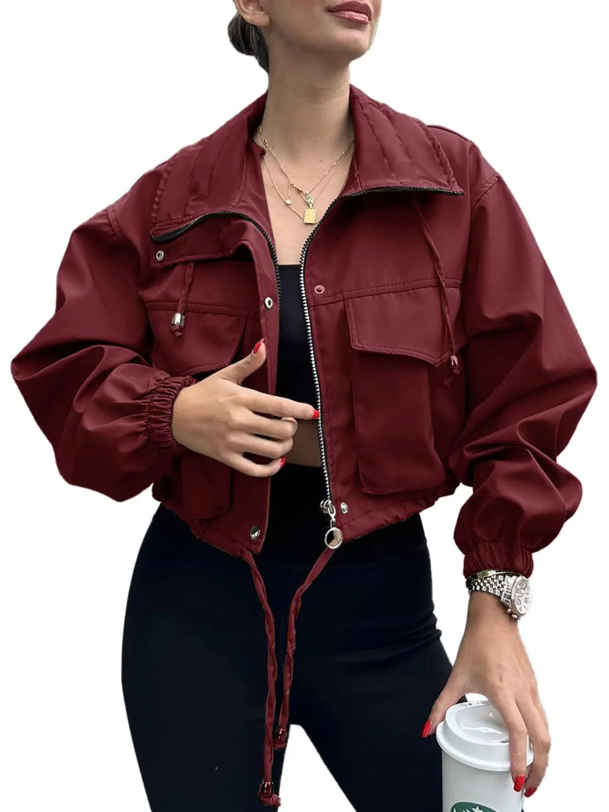 burgundy crop zip up jacket women