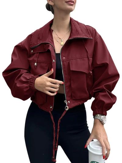 burgundy crop zip up jacket women