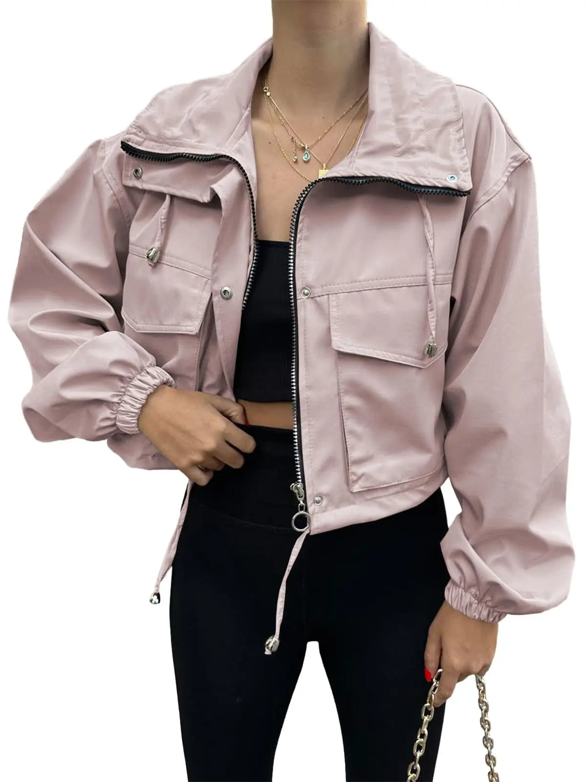 pink crop zip up jacket women