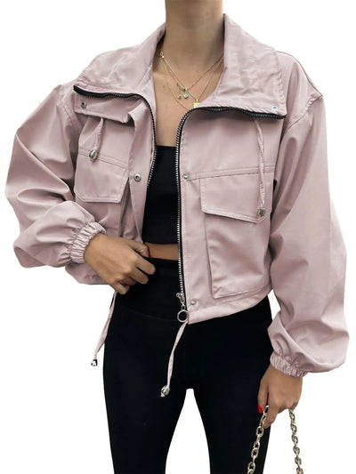 pink crop zip up jacket women