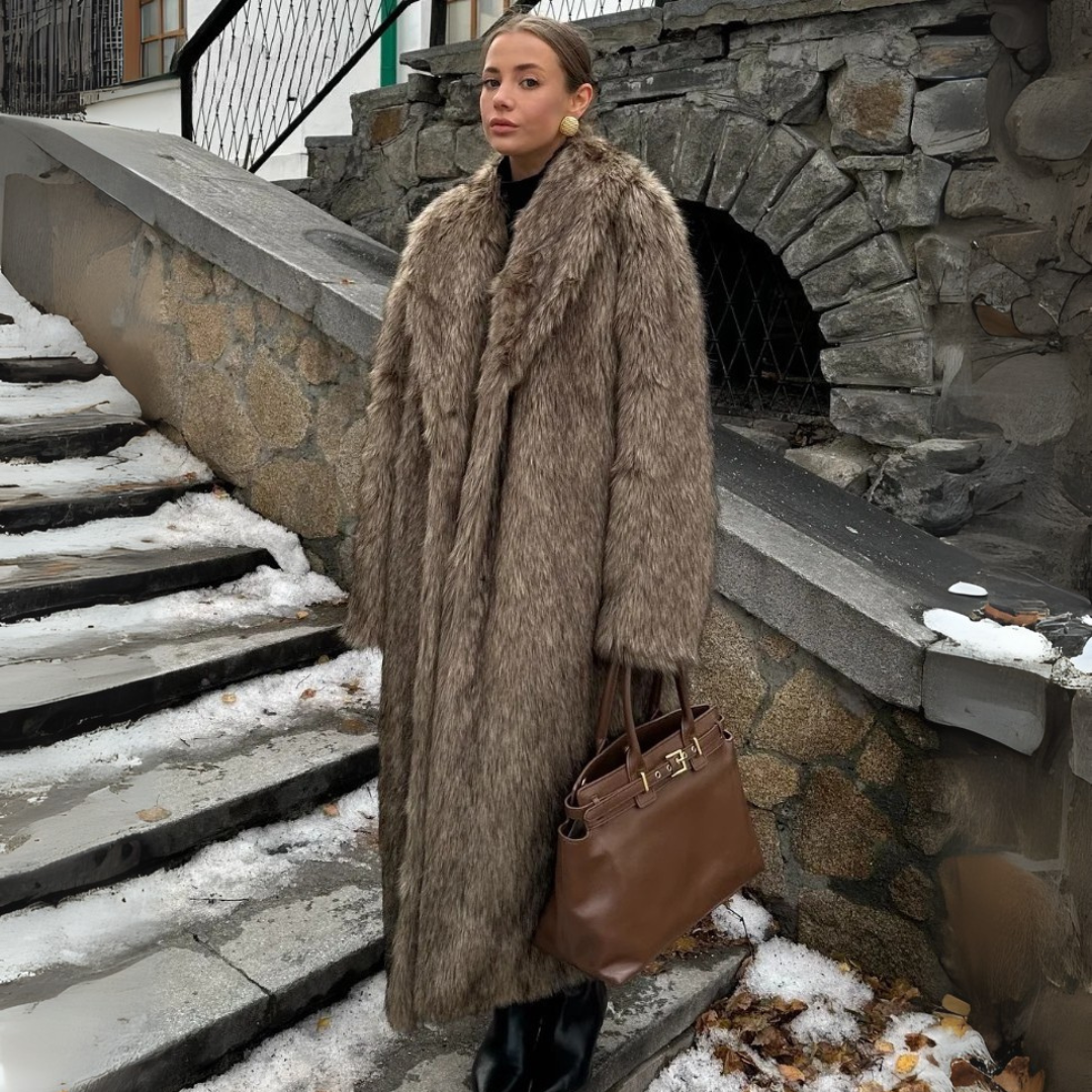 front view of coffee faux fur coat women