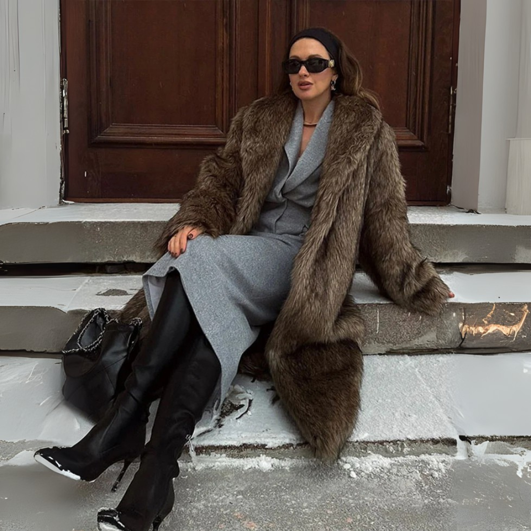 sitting model coffee faux fur coat women