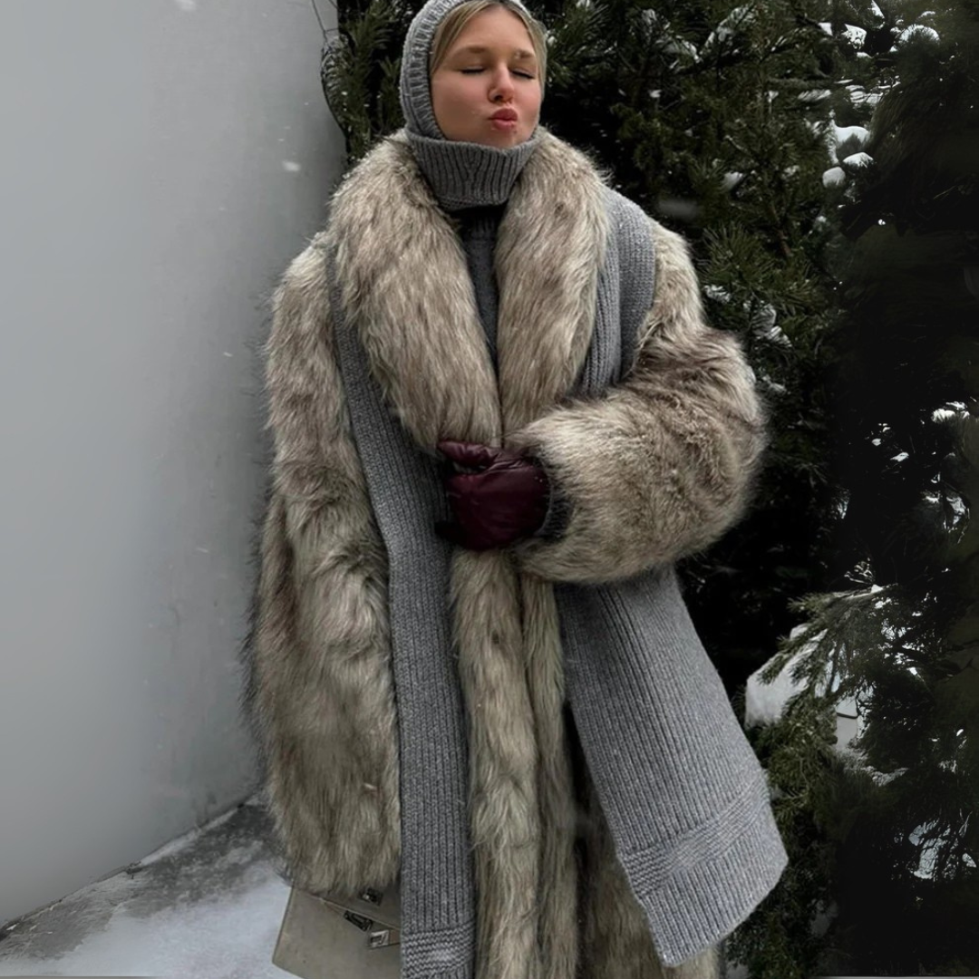front view of faux fur coat women