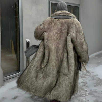 back view of gray faux fur coat women