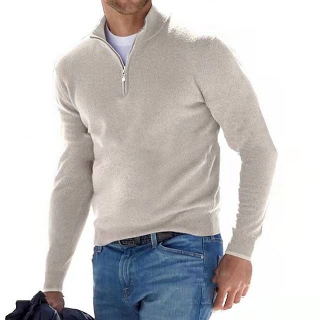 Beige half-zip v-neck sweater for men