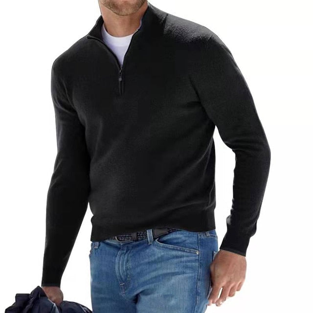 black half-zip v-neck sweater for men