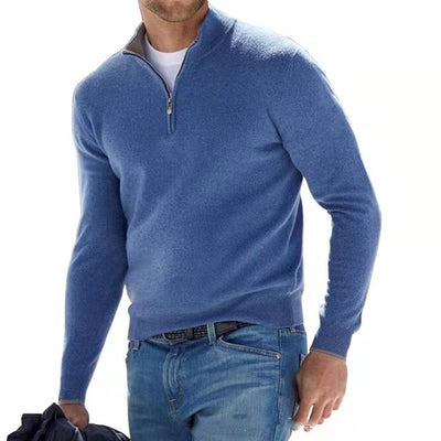 blue half-zip v-neck sweater for men