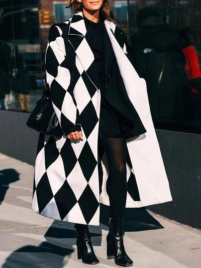Checked design lapel collar long coat for women