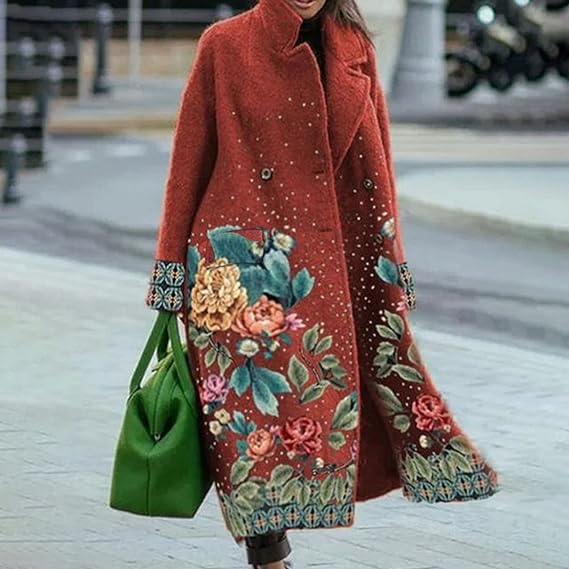 Floral pattern brown lapel collar long coat for women