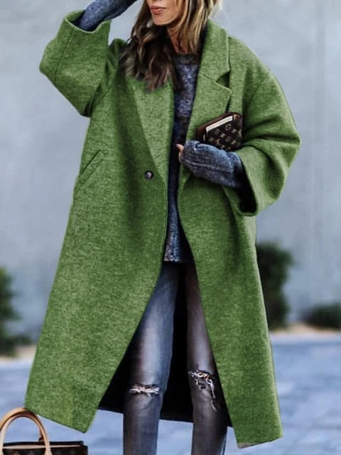 green lapel collar long coat for women