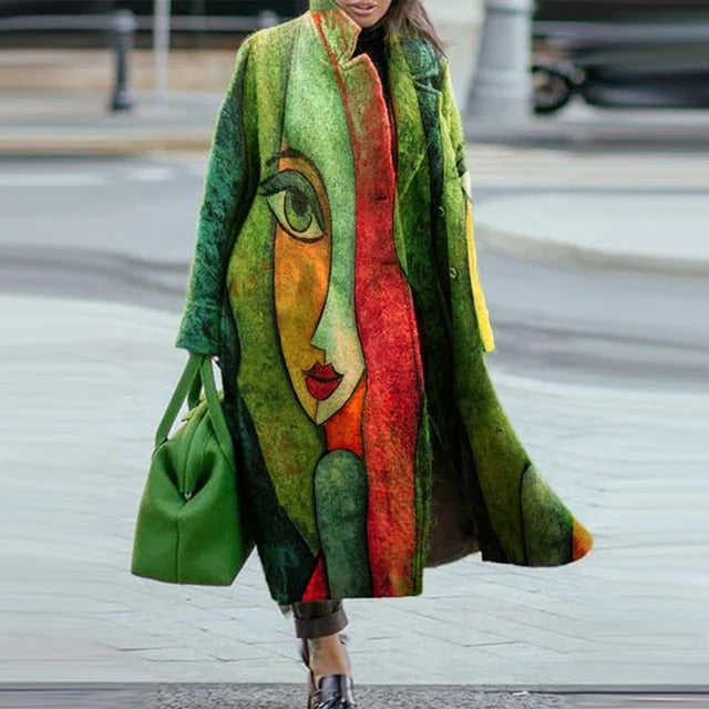 Lady's Face Design Green lapel collar long coat for women