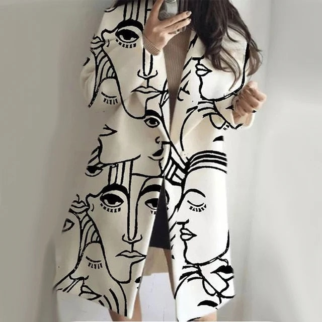 Minimalist face design lapel collar long coat for women