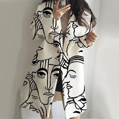 Minimalist face design lapel collar long coat for women