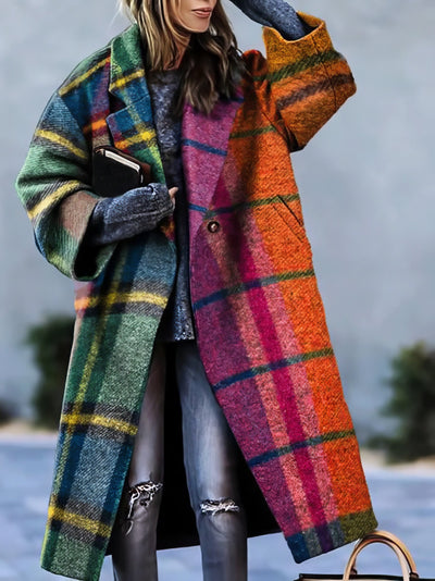 Multicolored lapel collar long coat for women
