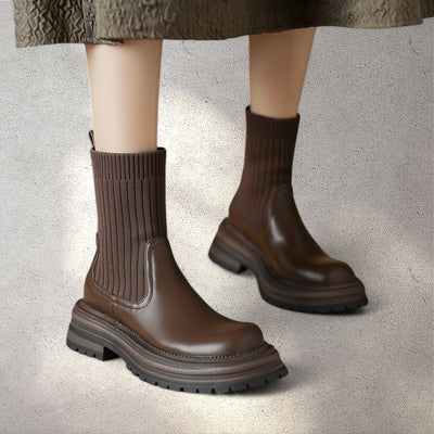 front view of brown leather knit boots women