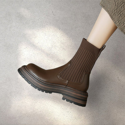 side view of brown leather knit boots women
