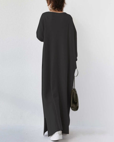 back view of black long sleeve v-neck dress women
