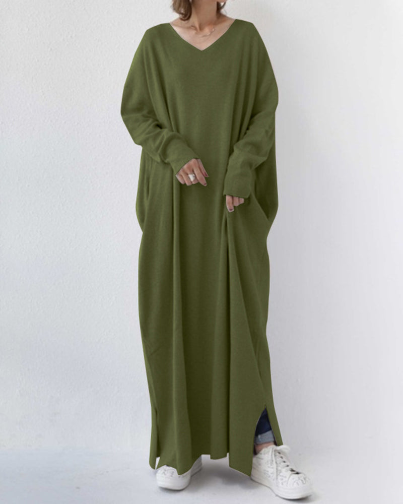 dark green long sleeve V-neck dress women