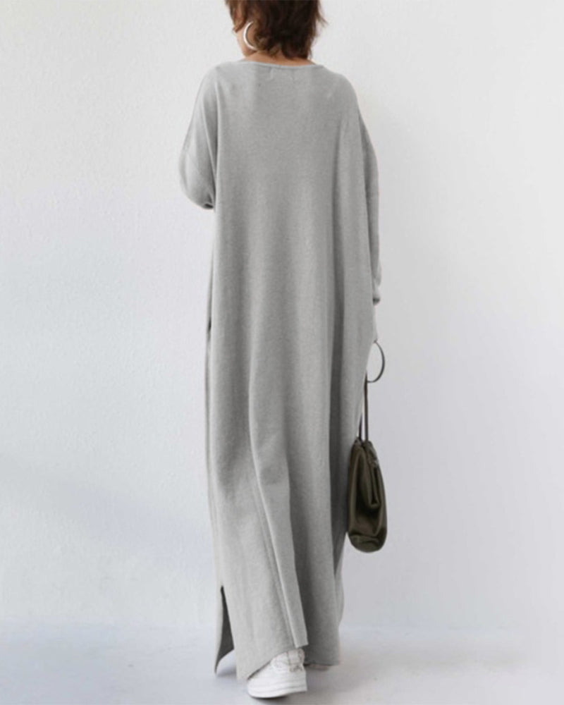 back view of grey long sleeve v-neck dress women