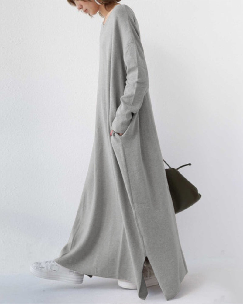 side view of grey long sleeve v-neck dress women