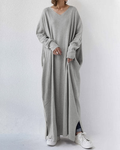 grey long sleeve V-neck dress women