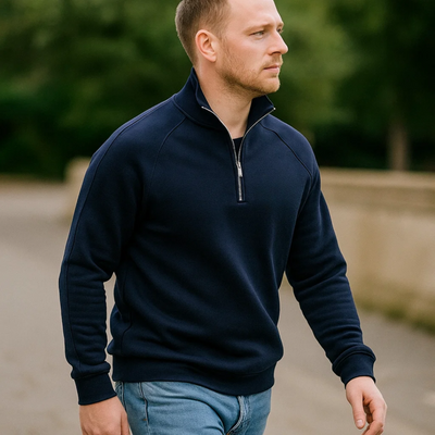 side view of blue mens cotton half-zip sweater
