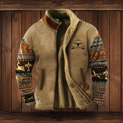 brown with print mens fleece zip jacket