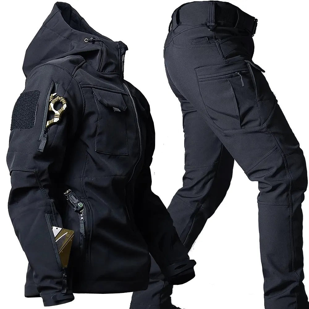 black mens outdoor jacket and pants set