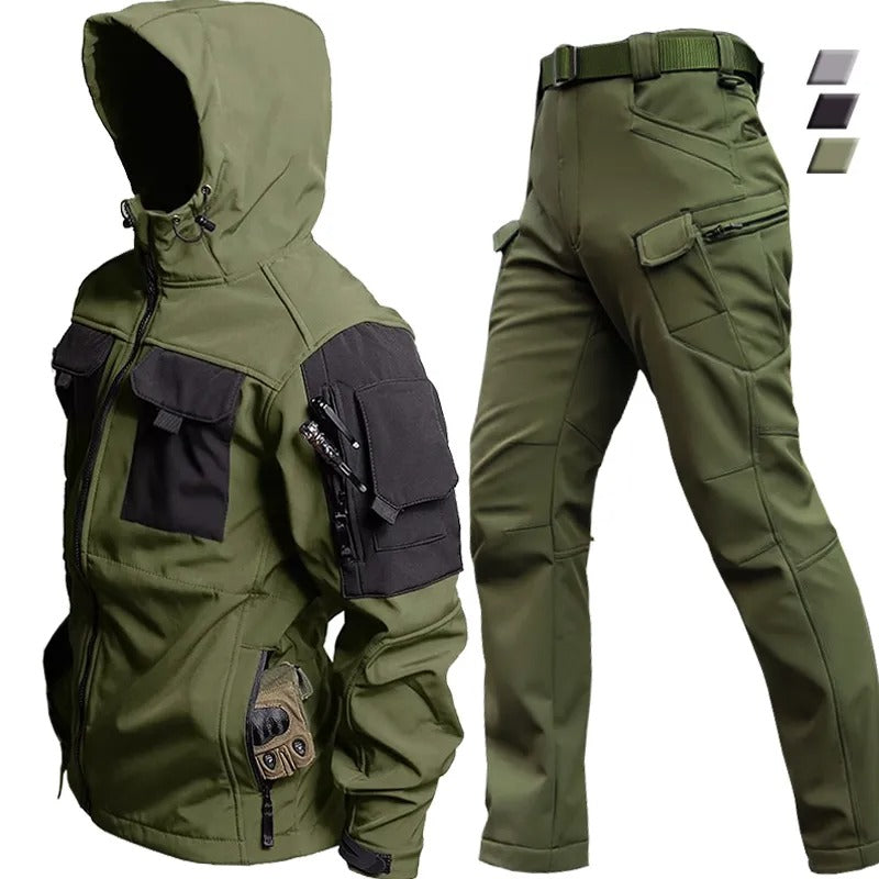 dark green mens outdoor jacket and pants set