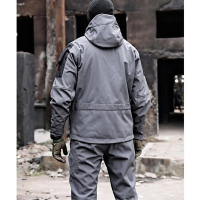 back view of gray mens outdoor jacket and pants set