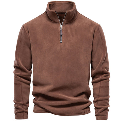 brown men’s soft fleece sweater with half-zip