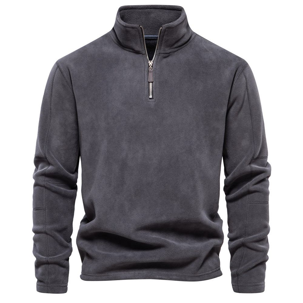 dark gray men’s soft fleece sweater with half-zip