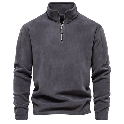 dark gray men’s soft fleece sweater with half-zip