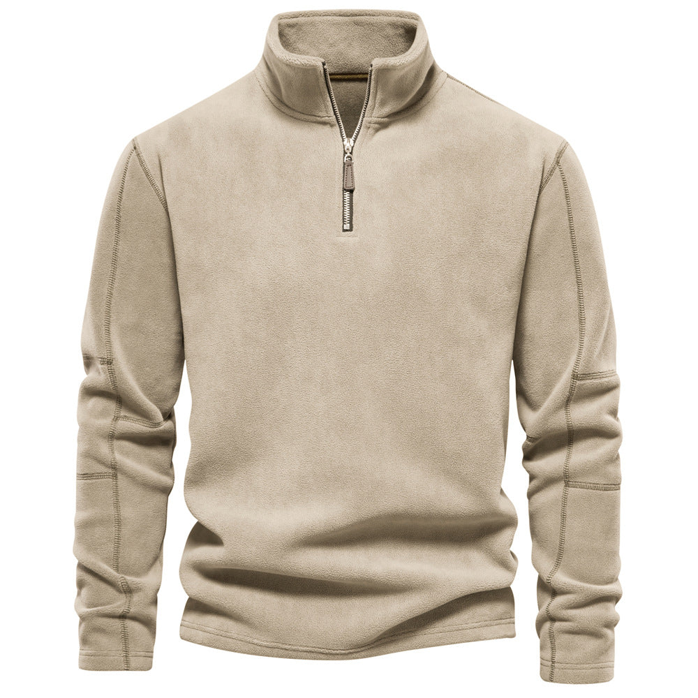 khaki men’s soft fleece sweater with half-zip