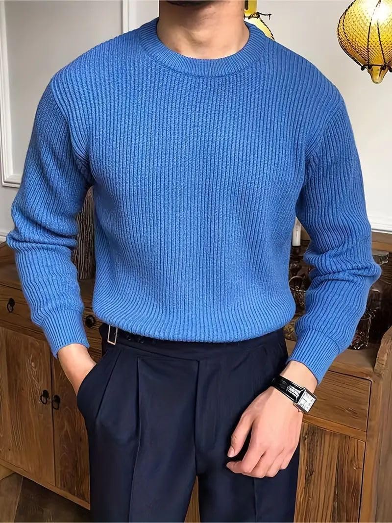 blue mens textured shoulder knit sweater